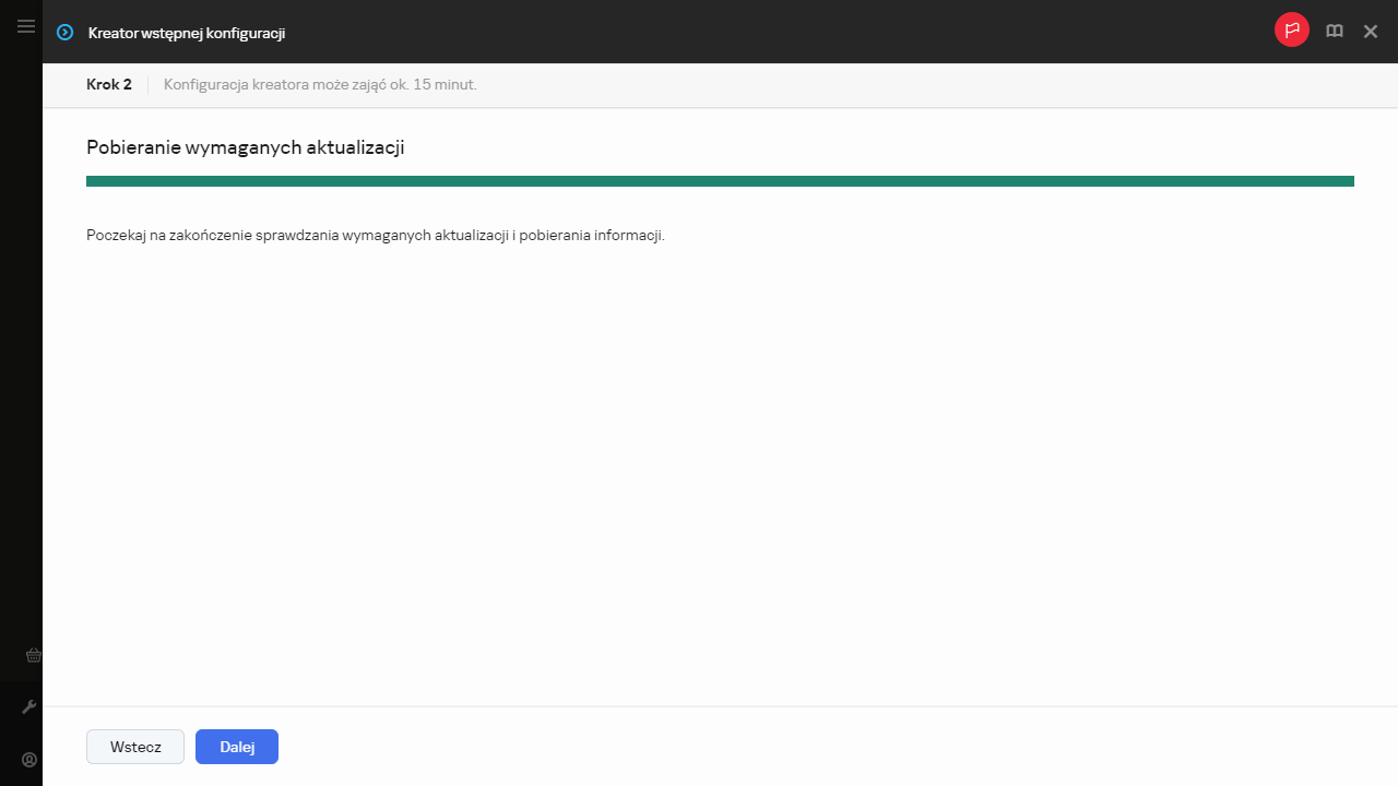 Krok Pobieranie wymaganych aktualizacji w Kreatorze wstępnej konfiguracji.