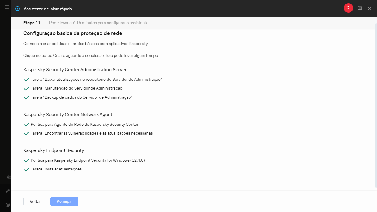 A etapa Criar tarefas e políticas do Assistente de início rápido.