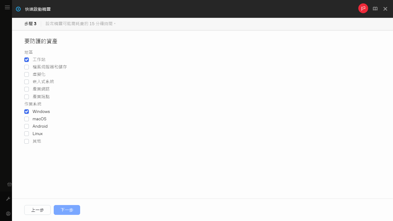 快速啟動精靈的「要防護的資產」步驟。