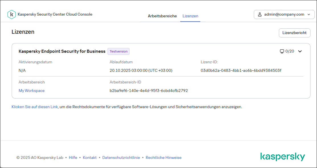 Registerkarte "Lizenzen" im Infrastruktur-Fenster von Kaspersky Security Center Cloud Console.