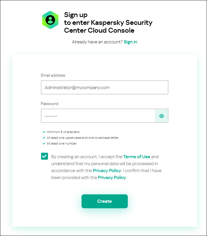 Registrieren Sie sich, die Kaspersky Security Center Cloud Console zu öffnen.