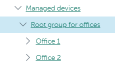 A Managed devices node includes the Root group of offices folder that contains Administration Servers, and groups Office 1 and Office 2.