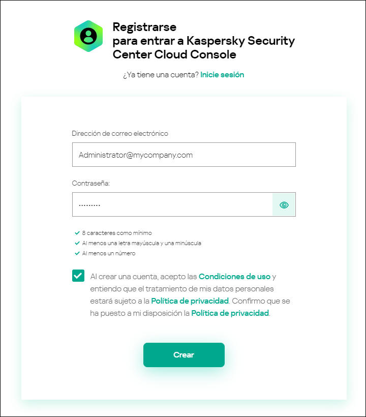 Regístrese para ingresar a la ventana de Kaspersky Security Center Cloud Console.