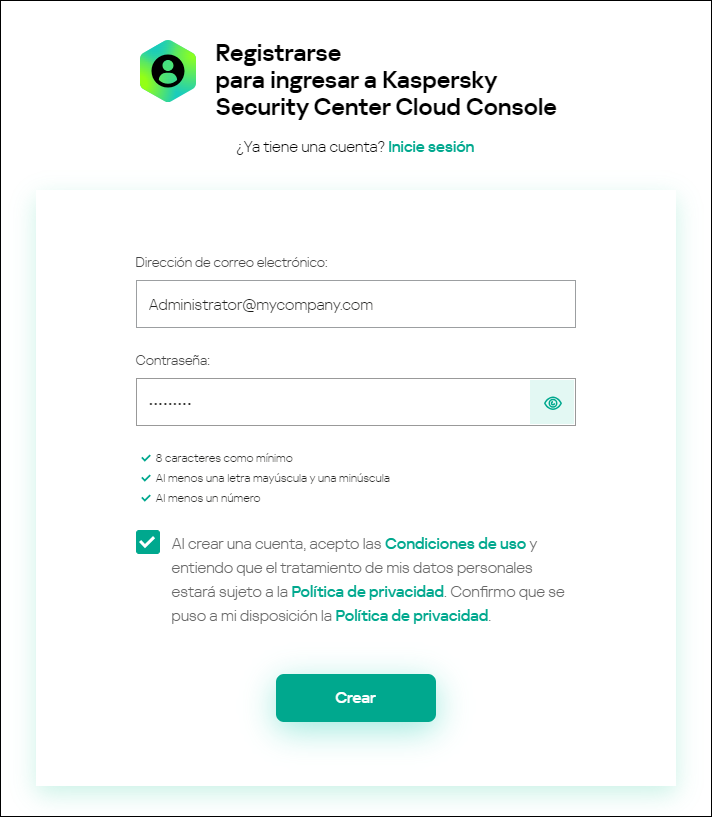 Regístrese para ingresar a la ventana de Kaspersky Security Center Cloud Console.