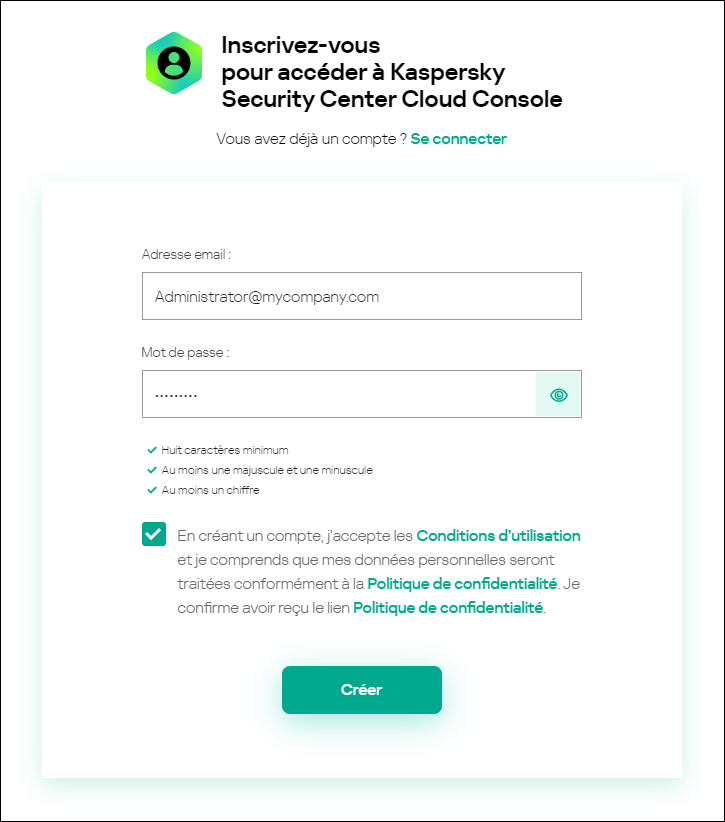 Inscrivez-vous pour accéder à la fenêtre de Kaspersky Security Center Cloud Console.