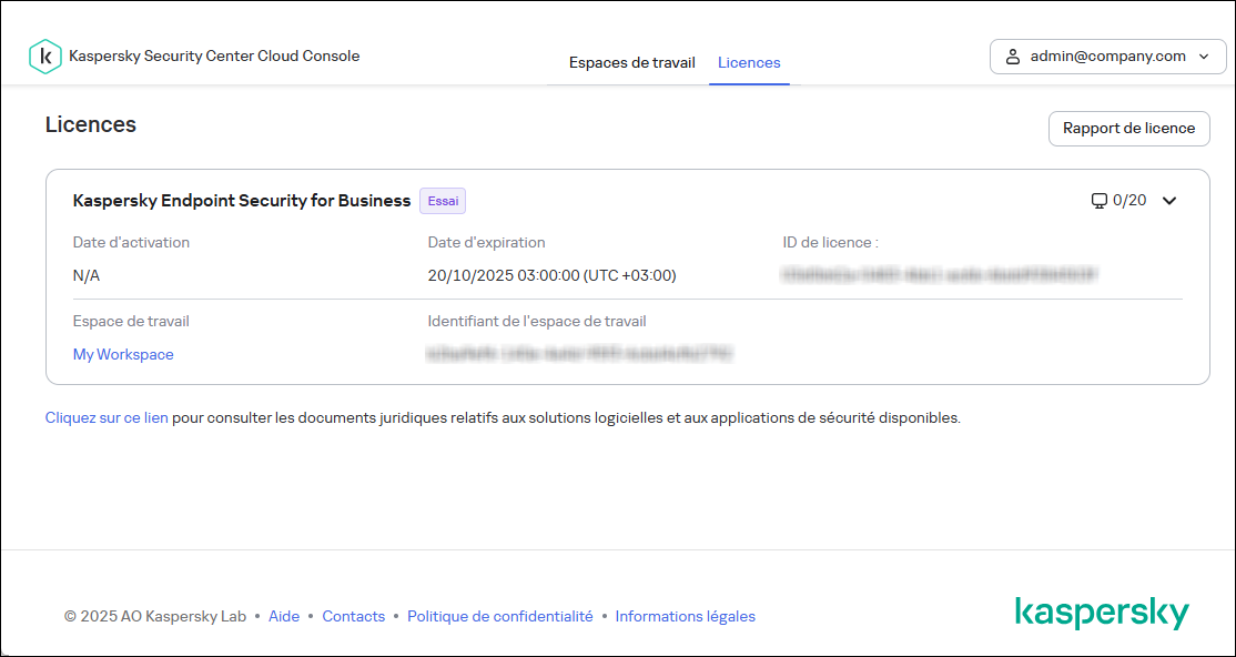 Onglet Licences de la fenêtre d'infrastructure de Kaspersky Security Center Cloud Console.