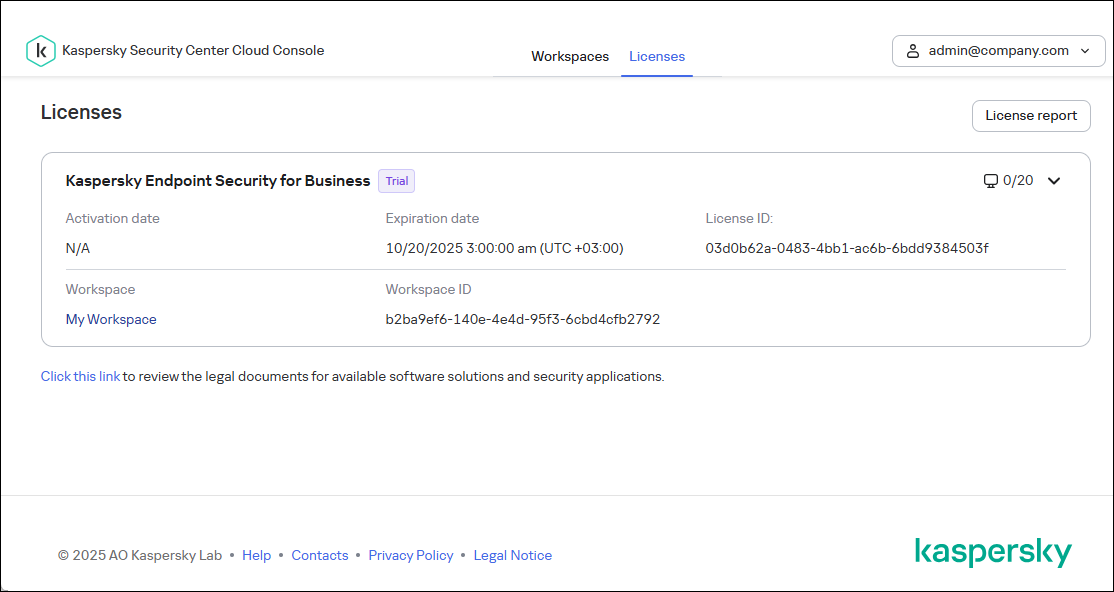 Scheda Licenze della finestra dell'infrastruttura di Kaspersky Security Center Cloud Console.