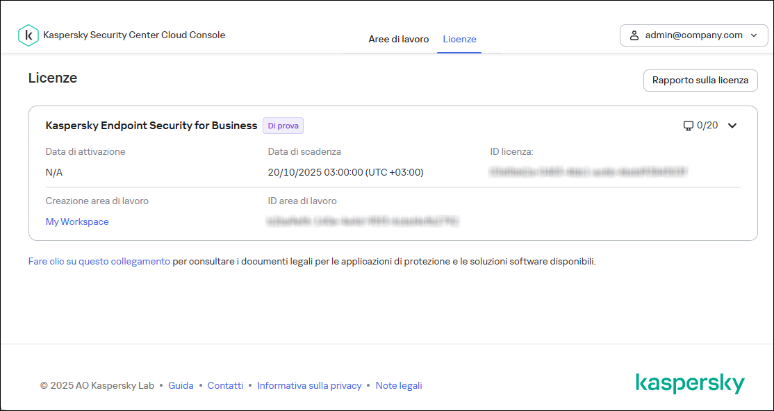 Scheda Licenze della finestra dell'infrastruttura di Kaspersky Security Center Cloud Console.