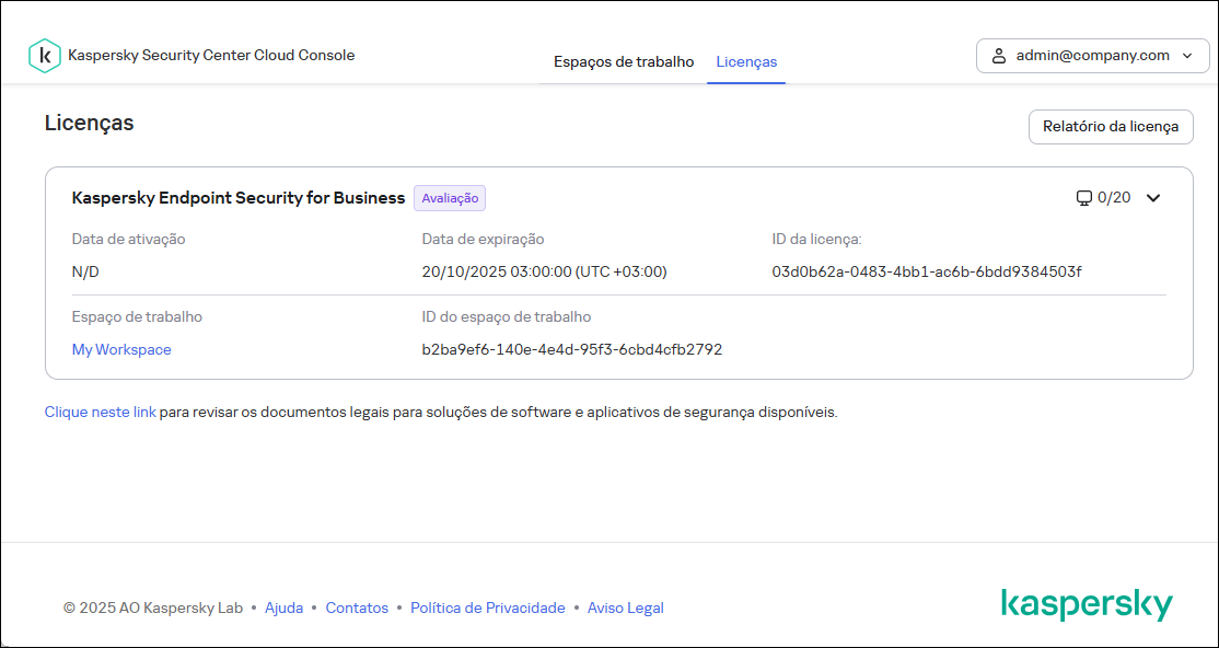 Guia de Licenças da janela de infraestrutura do Kaspersky Security Center Cloud Console.
