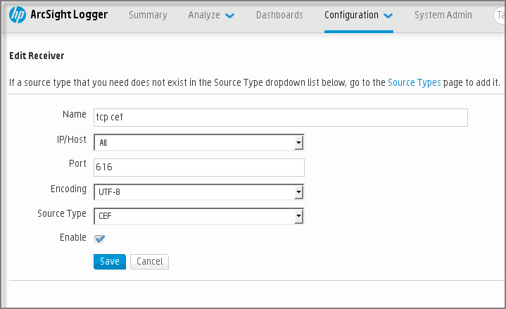 ArcSight で、レシーバのセットアップ画面は［Configuration］タブにあります。レシーバの設定は次のように指定します：レシーバ名は tcp cef、IP/ホスト プロパティは All、ポートは 616、エンコーディングは UTF-8、ソースタイプは CEF。