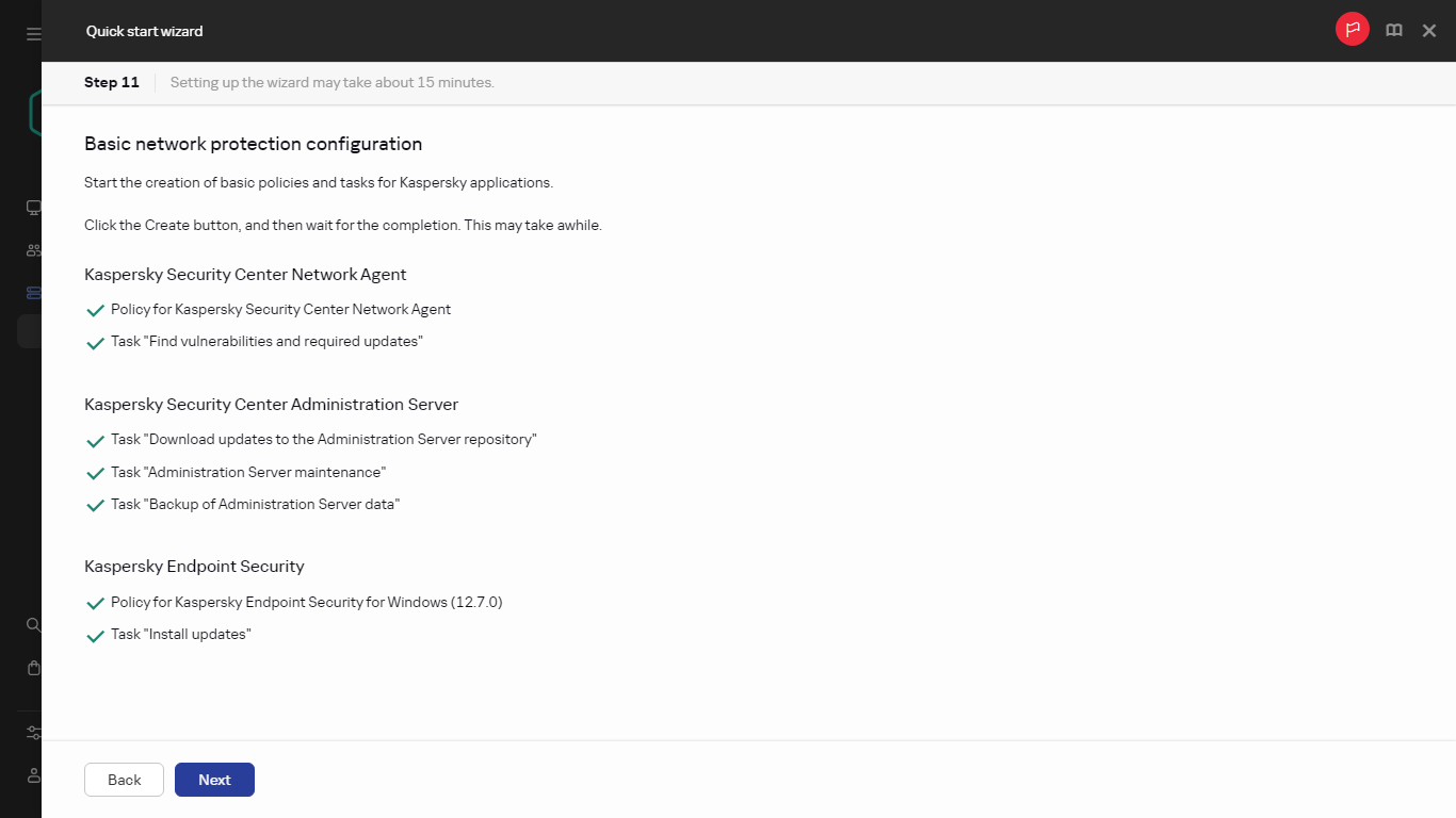 The Creating tasks and policies step of Quick start wizard.