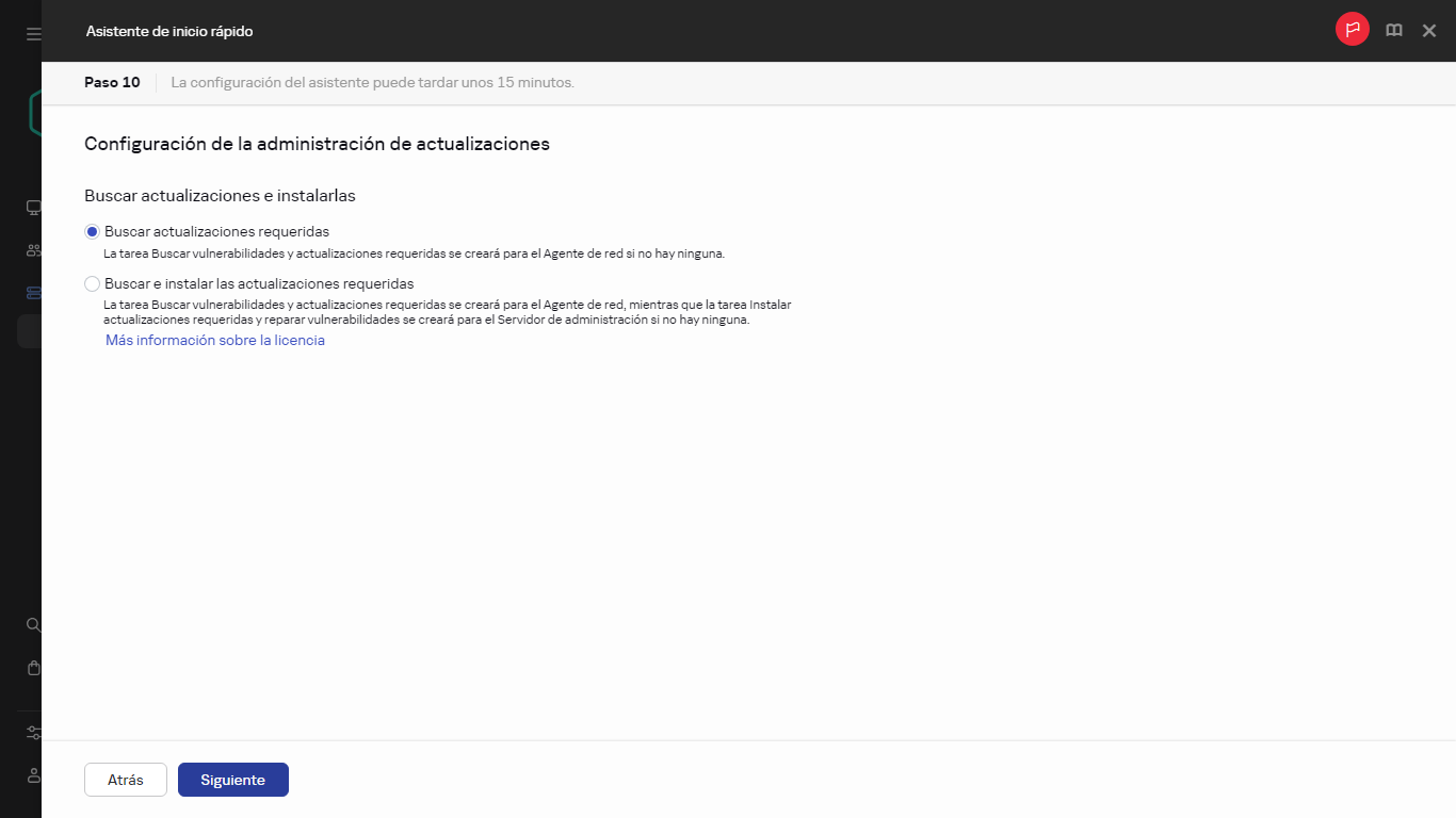 El paso de administración de actualizaciones del Asistente de inicio rápido.