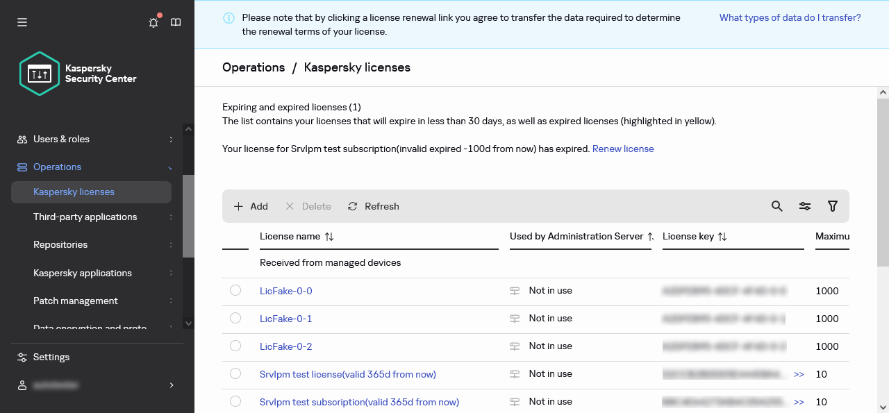 Lista licencji Kaspersky.