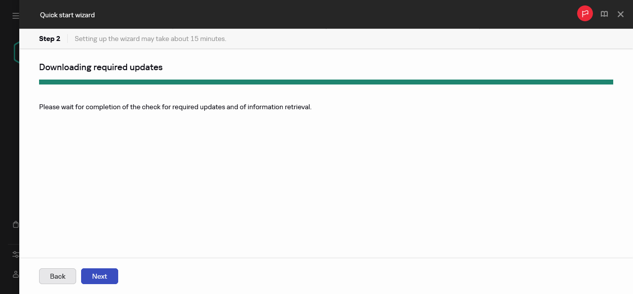 Krok Pobieranie wymaganych aktualizacji w Kreatorze wstępnej konfiguracji.