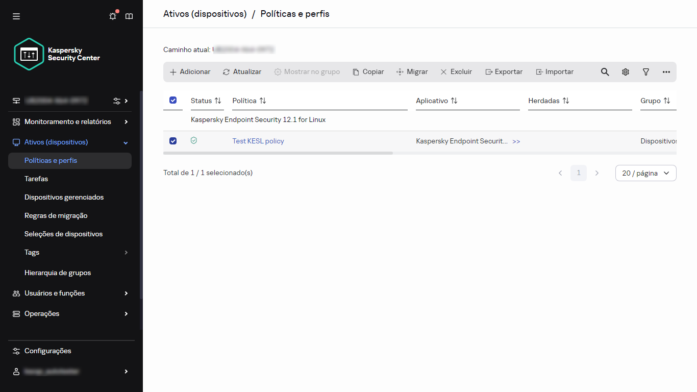Janela Políticas e perfis com a política selecionada.