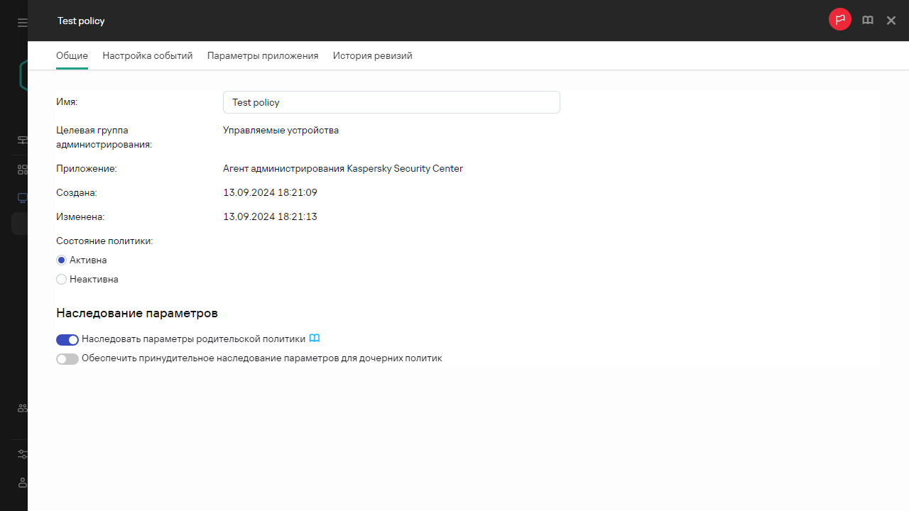 Вкладка Общие параметры политики