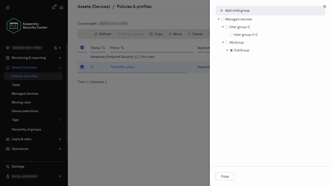 Select the group to copy the policy panel.