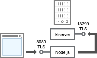 Web Console Server connects with OpenAPI via TLS port TCP 8080. Server is reached over OpenAPI via TLS port TCP 13299.