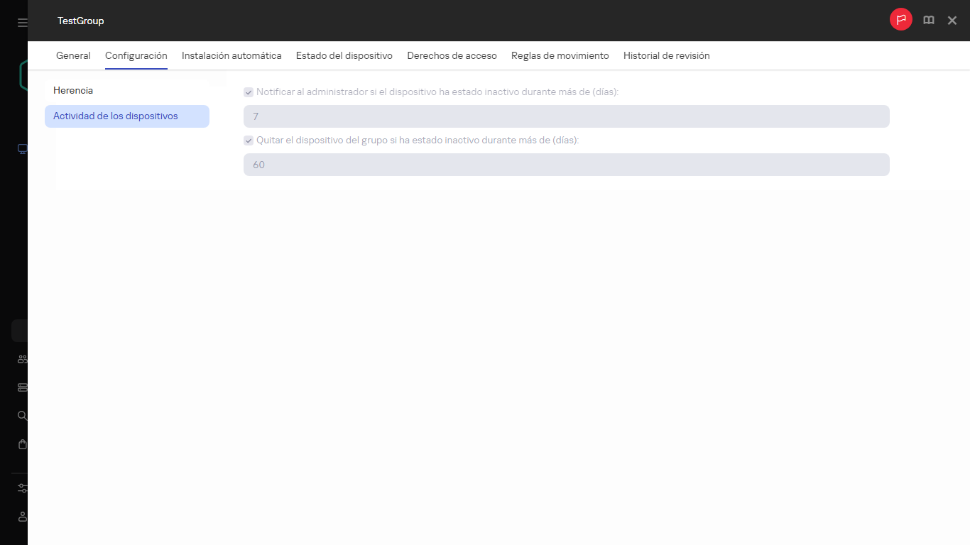 Actividad de los dispositivos en la pestaña Configuración.