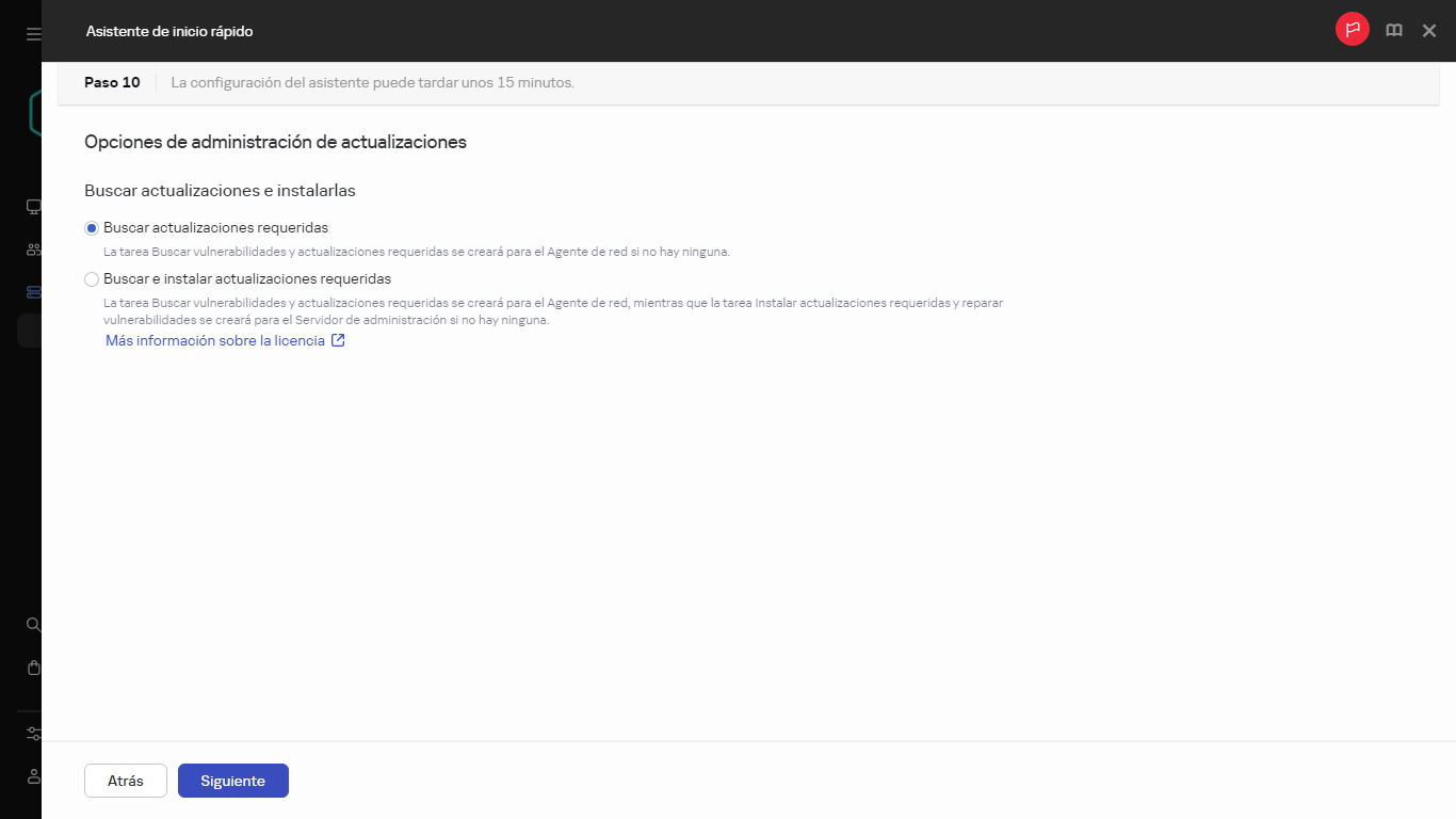 Paso de administración de actualizaciones del Asistente de inicio rápido.