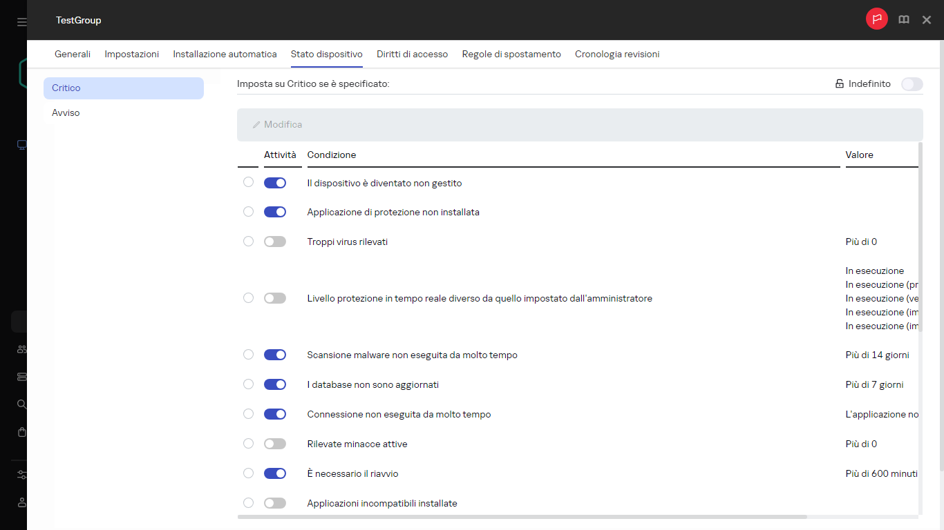Impostazione dello stato Critico nel gruppo Stato del dispositivo.