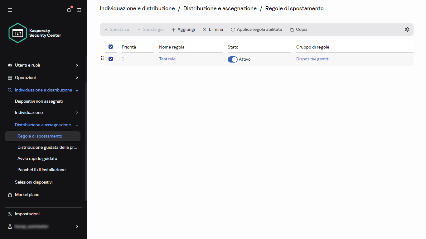 Riga selezionata nella sezione Regole di spostamento.