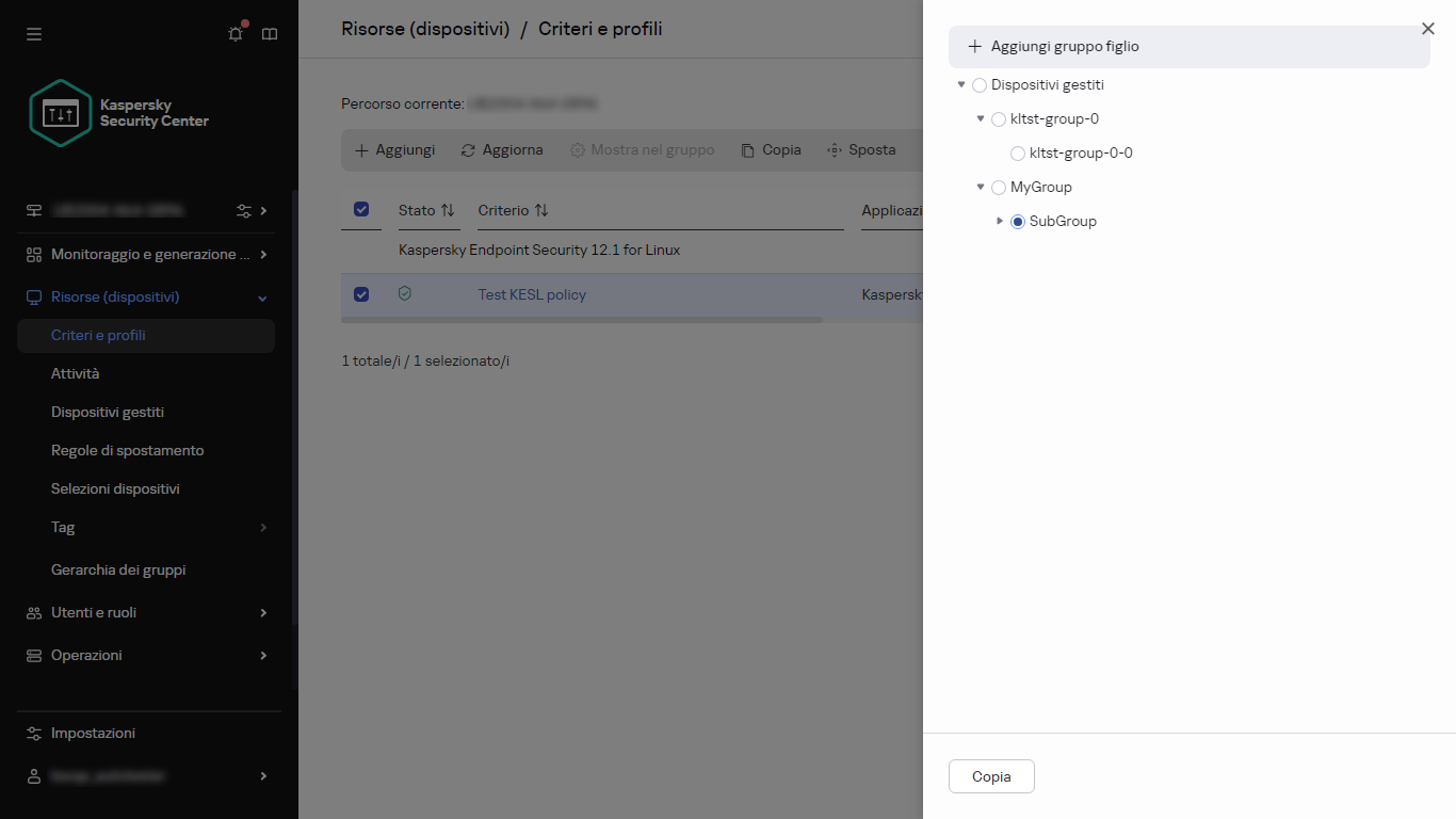 Selezionare il gruppo per copiare il pannello del criterio.