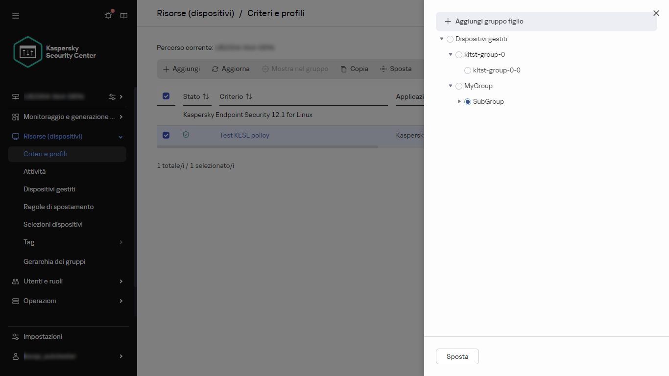 Selezionare il gruppo per spostare la finestra di dialogo del criterio.
