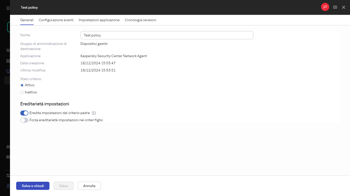 Scheda Generale nel Criterio di test.