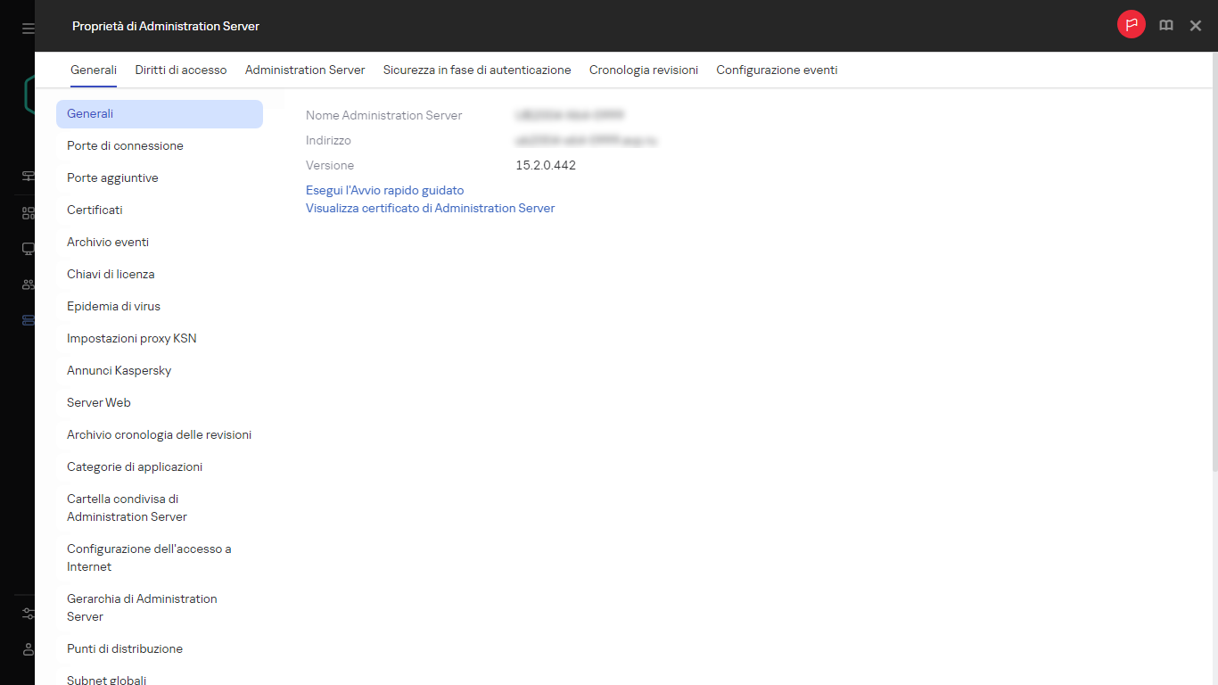 Screenshot della finestra di Administration Server che mostra un collegamento per l'avvio dell'avvio rapido guidato.