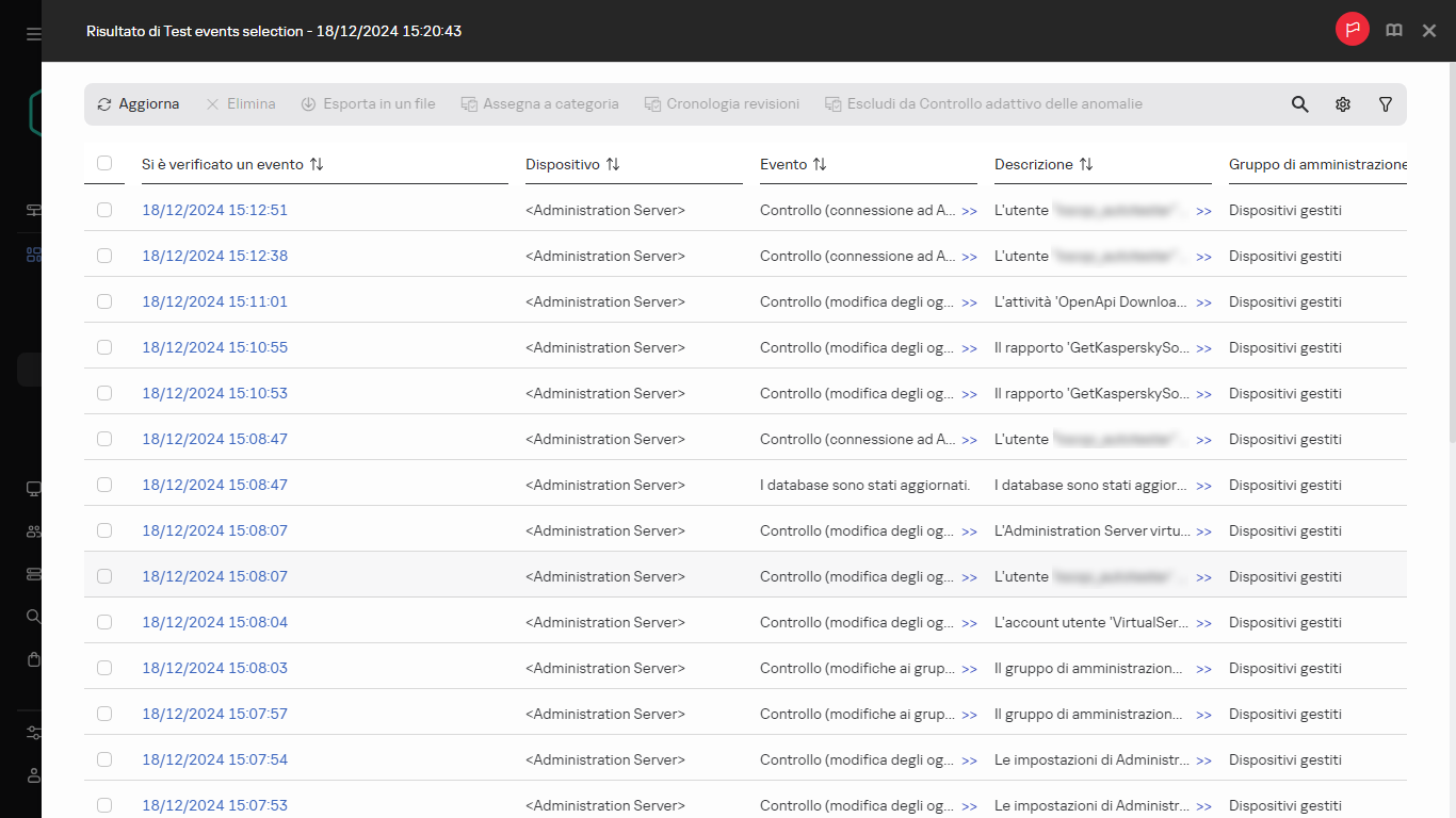 Risultato della selezione eventi.