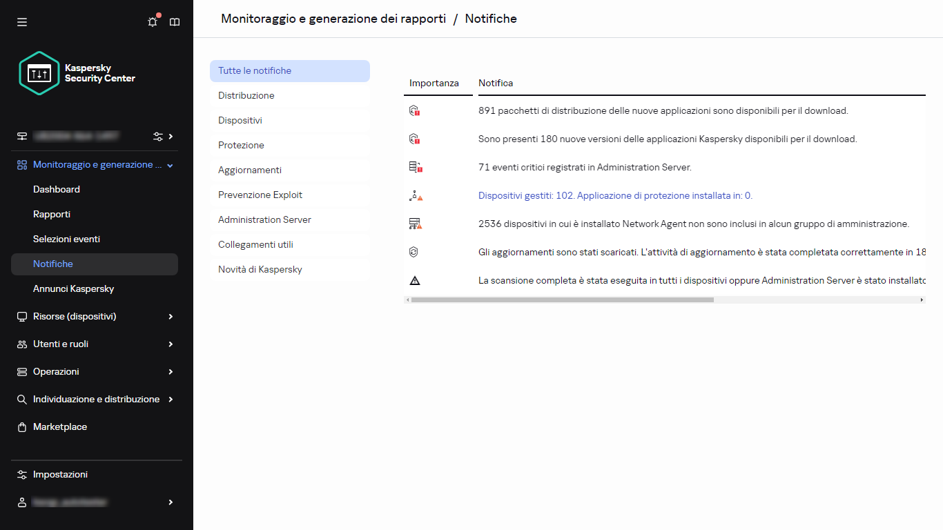 Sezione Notifiche in Monitoraggio e generazione dei rapporti.