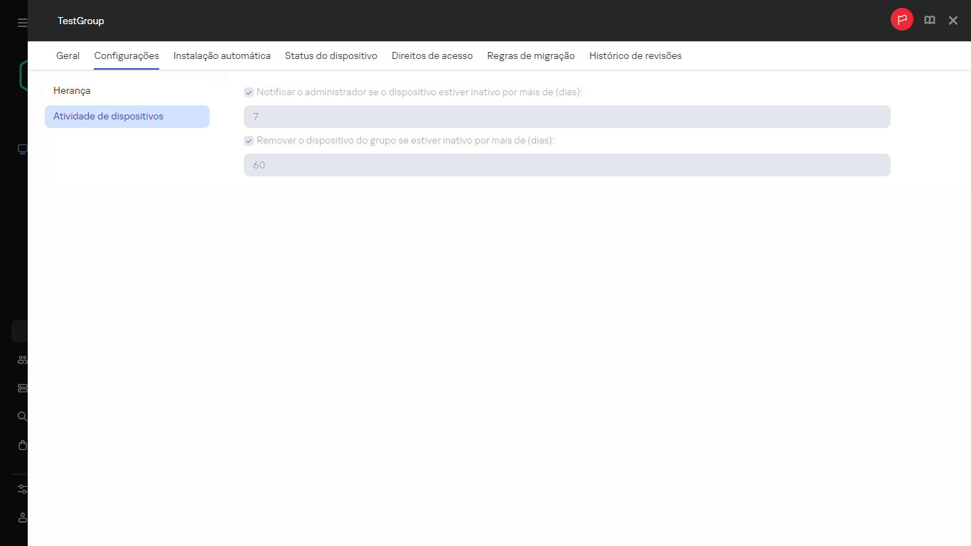 Atividade de dispositivos na guia Configurações.