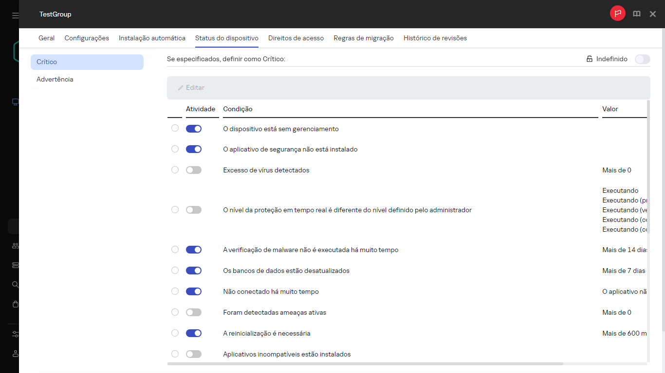 Definir o status Crítico no grupo Status do dispositivo.