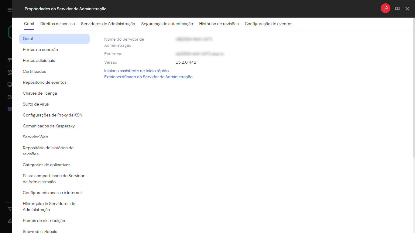 Uma captura de tela da janela do Servidor de Administração que exibe um link para iniciar o Assistente de Início Rápido.