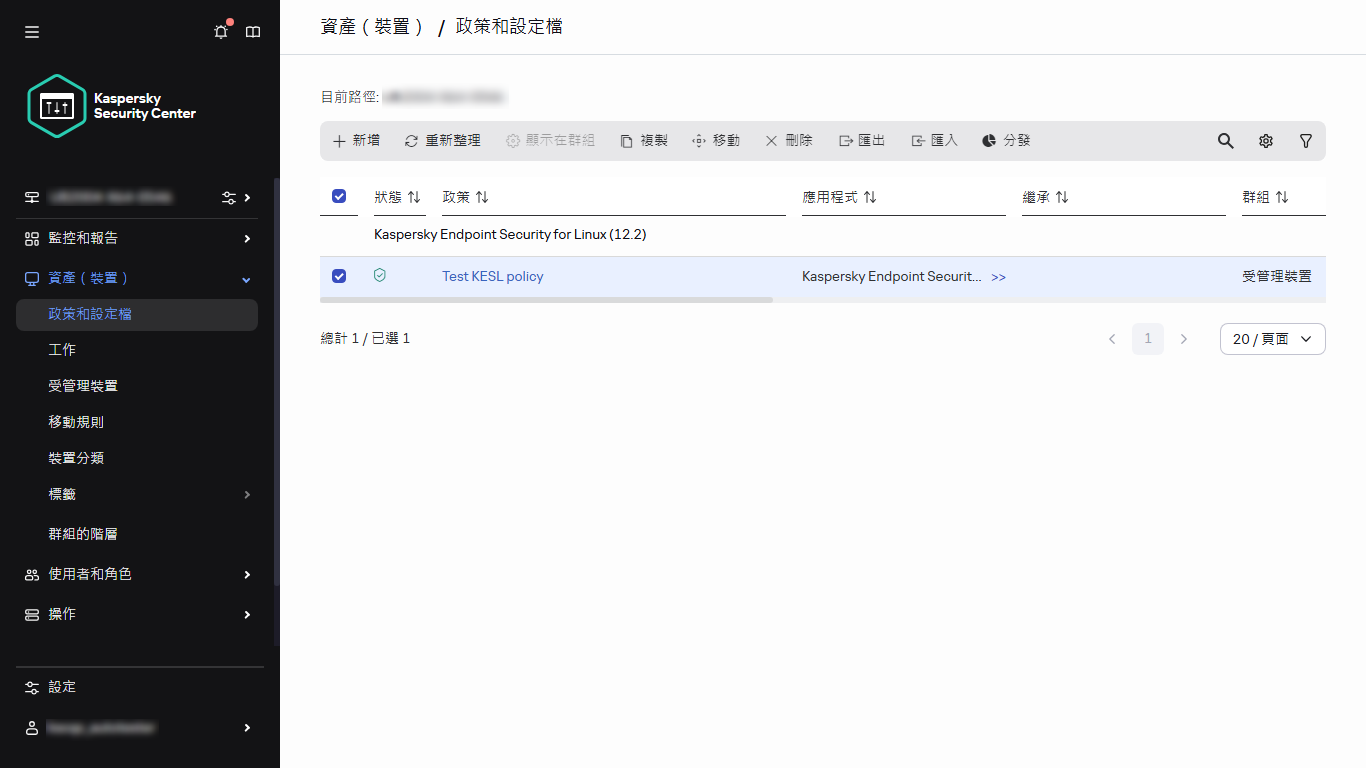 政策和設定檔：選取了核取方塊的政策。