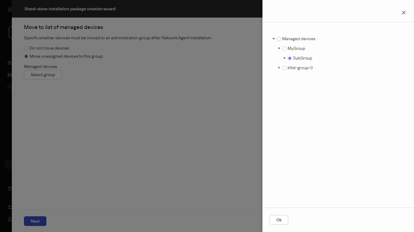 Angeben der Administrationsgruppe im Assistenten für das Erstellen eines autonomen Installationspakets.