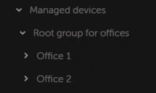 Ein Knoten mit verwalteten Geräten enthält den Ordner "Büro-Stammgruppe", welcher neben Servern die Gruppen "Büro 1" und "Büro 2" enthält.