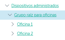 Un nodo "Dispositivos administrados" contiene la carpeta "Grupo raíz para oficinas"; en esta carpeta se encuentran los servidores de administración y los grupos "Oficina 1" y "Oficina 2".