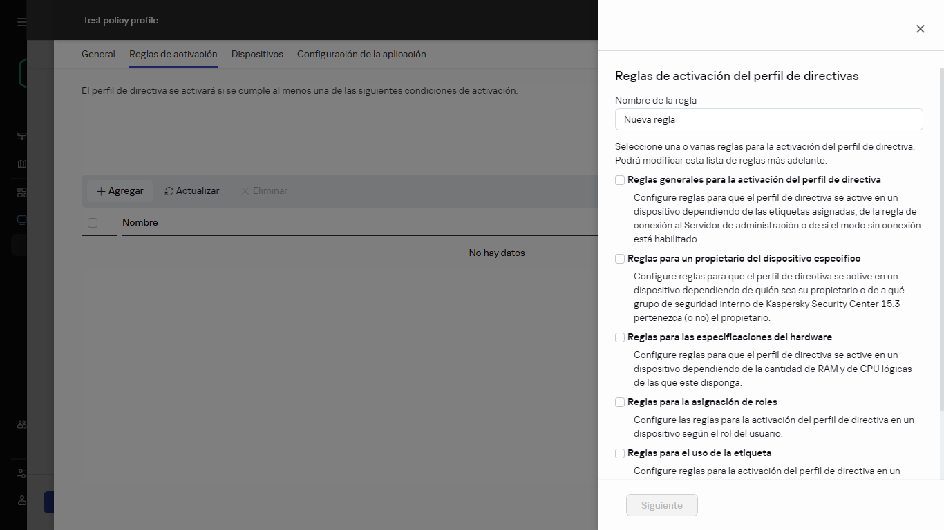 Seleccionar las reglas de activación del perfil de directiva en la pestaña Reglas de activación.