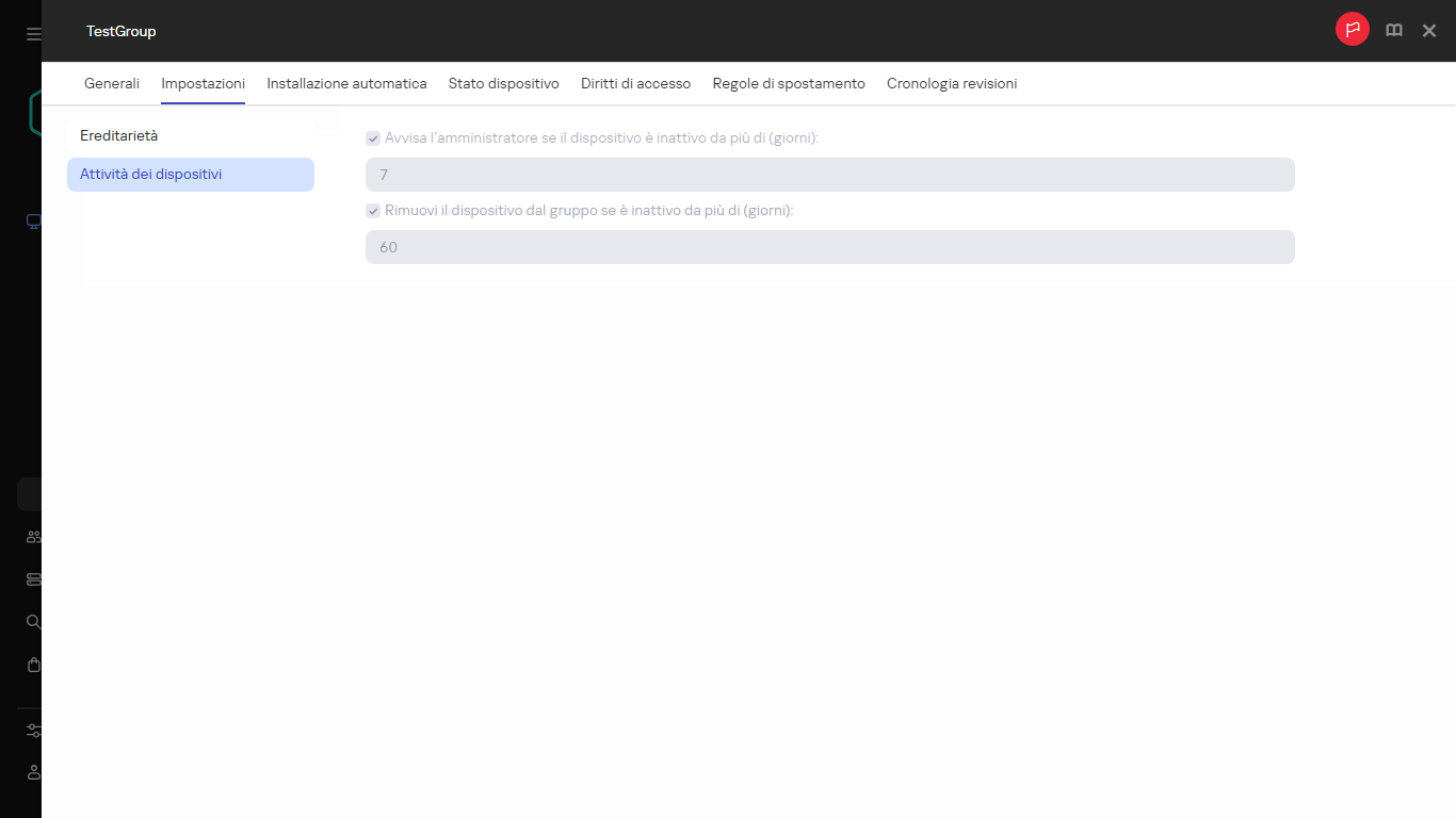 Attività dei dispositivi nella scheda Impostazioni.
