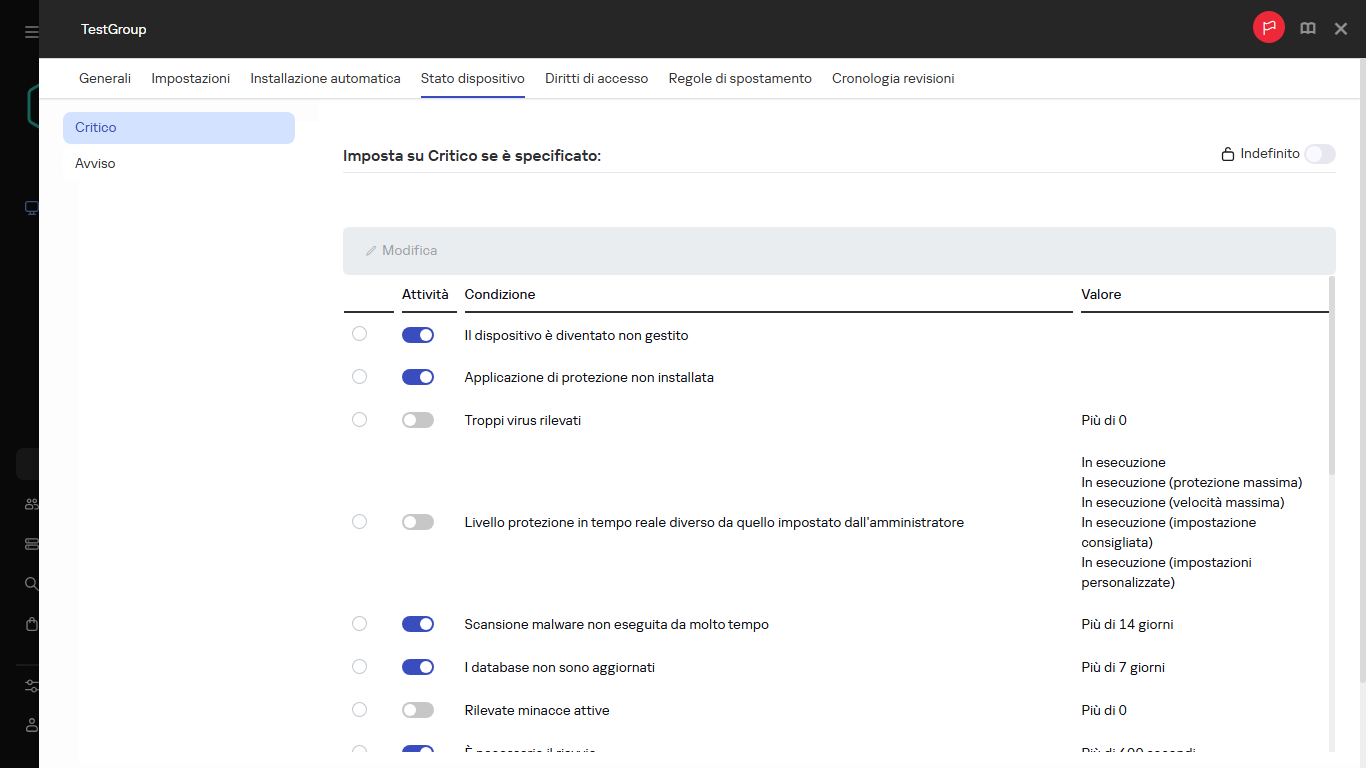 Impostazione dello stato Critico nel gruppo Stato del dispositivo.