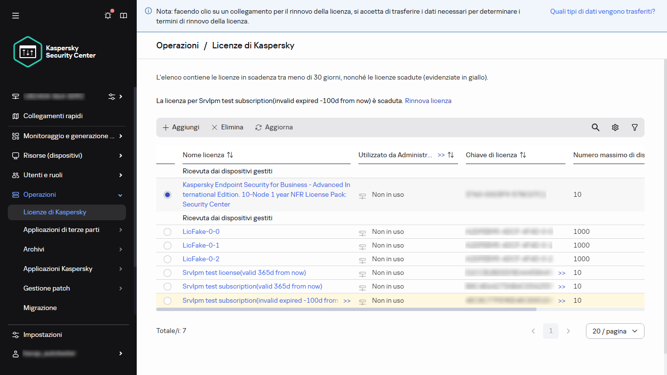 L'elenco delle licenze con la licenza selezionata.