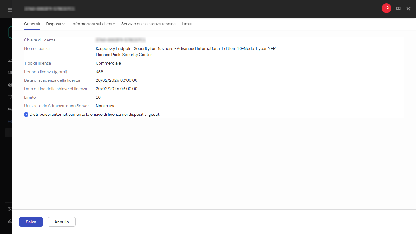 La finestra delle proprietà della chiave di licenza.