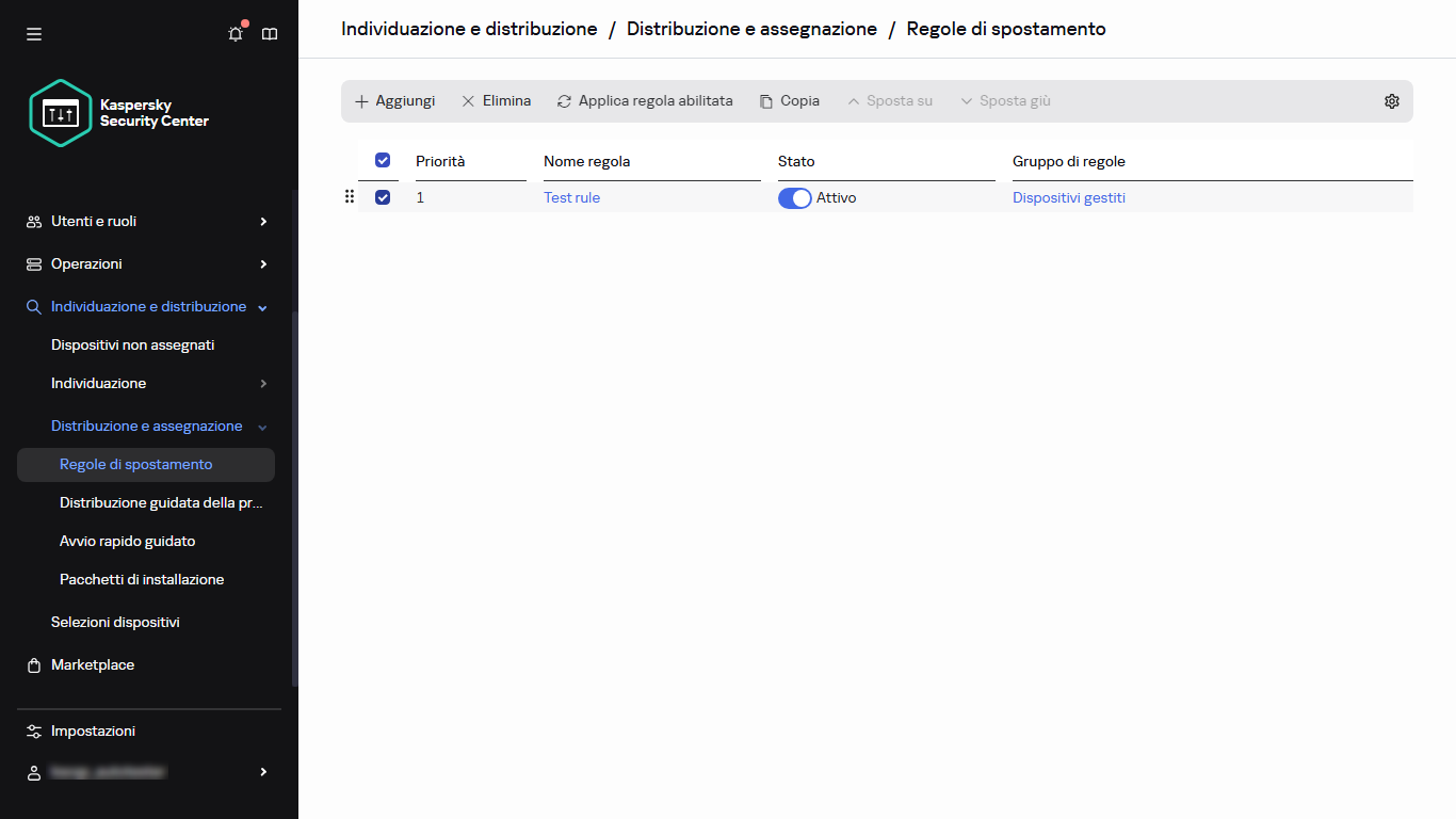 Riga selezionata nella sezione Regole di spostamento.