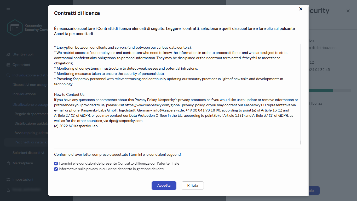 Finestra di accettazione del Contratto di licenza con l'utente finale.