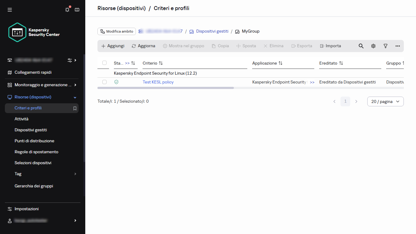Selezione del gruppo di amministrazione per cui creare il criterio.