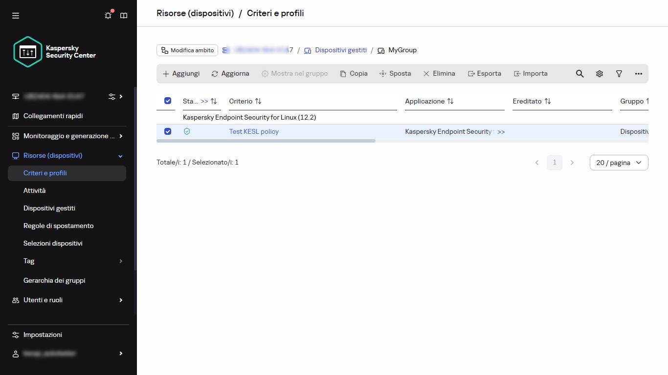Criteri e profili: un criterio con una casella di controllo selezionata.