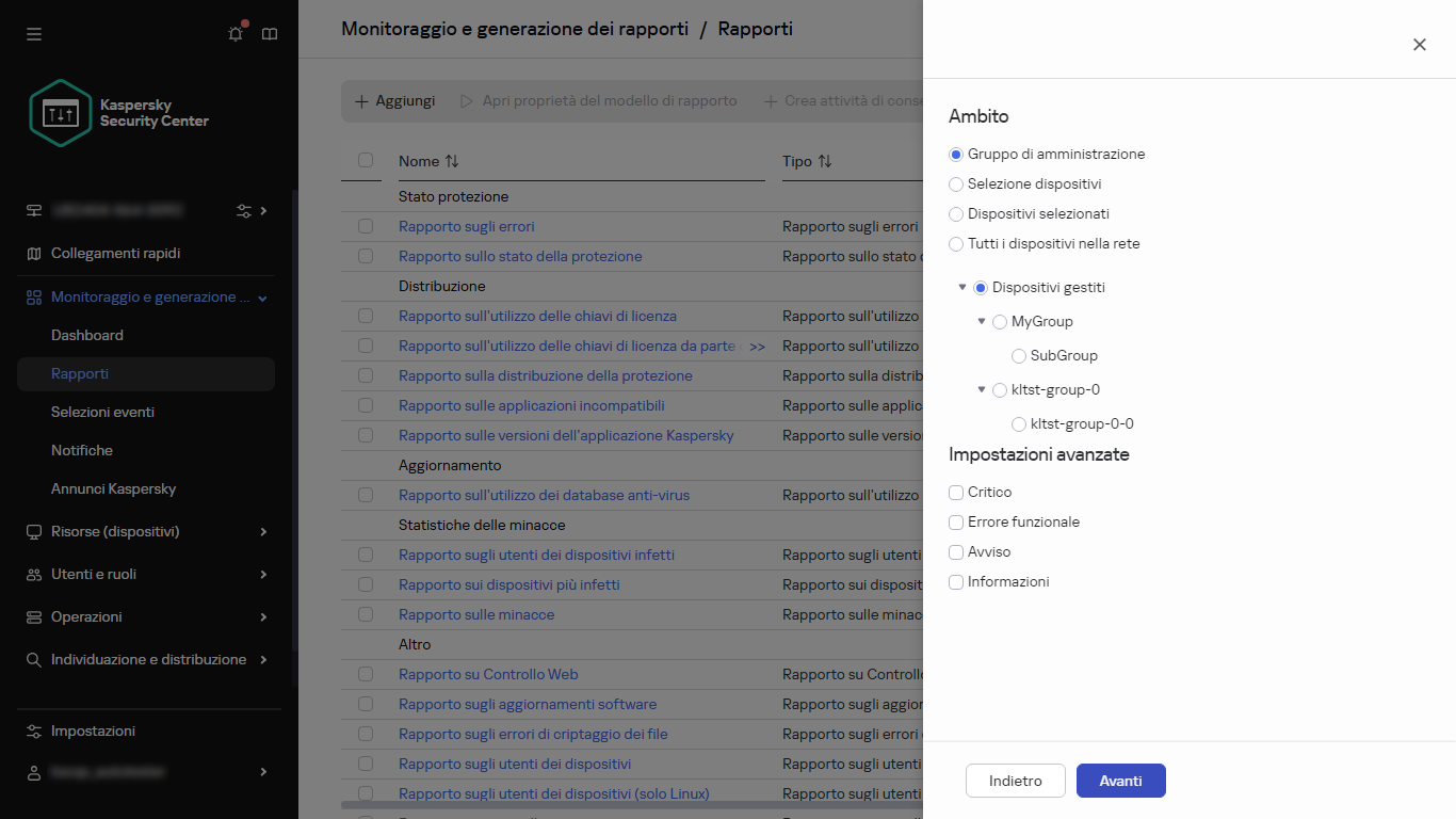 Specifica dell'ambito del dispositivo e delle impostazioni avanzate di un nuovo rapporto.