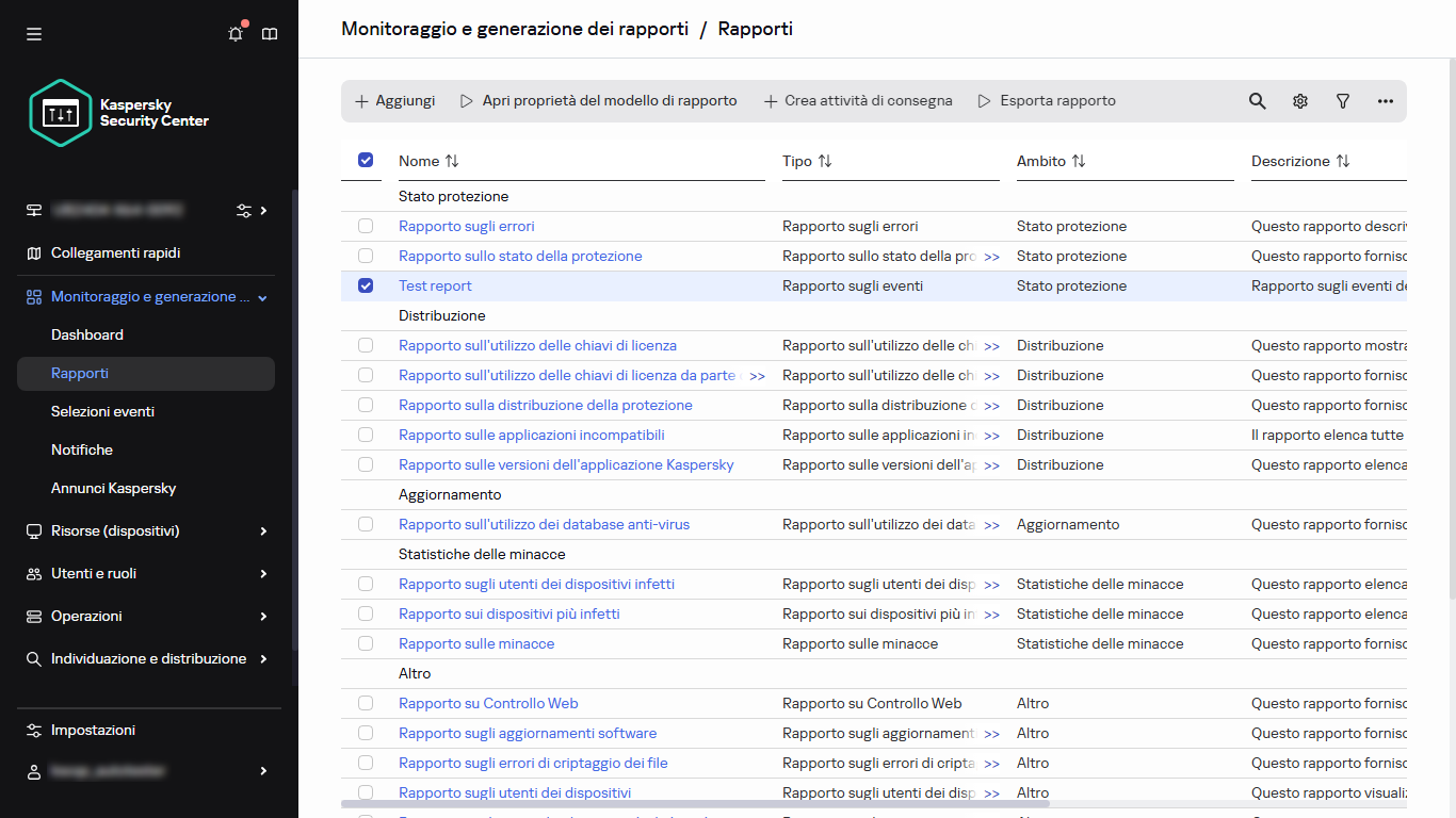 Elenco dei rapporti con il rapporto selezionato.